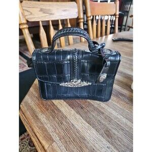 Vtg Black Crocodile built in Organizer Wallet Crossbody Clutch Leather Heart